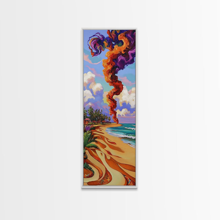 Coastal Smoke Vibes Art, Framed Canvas Print vibrant beach painting with purple and orange smoke, tropical sunset art, boho home decor