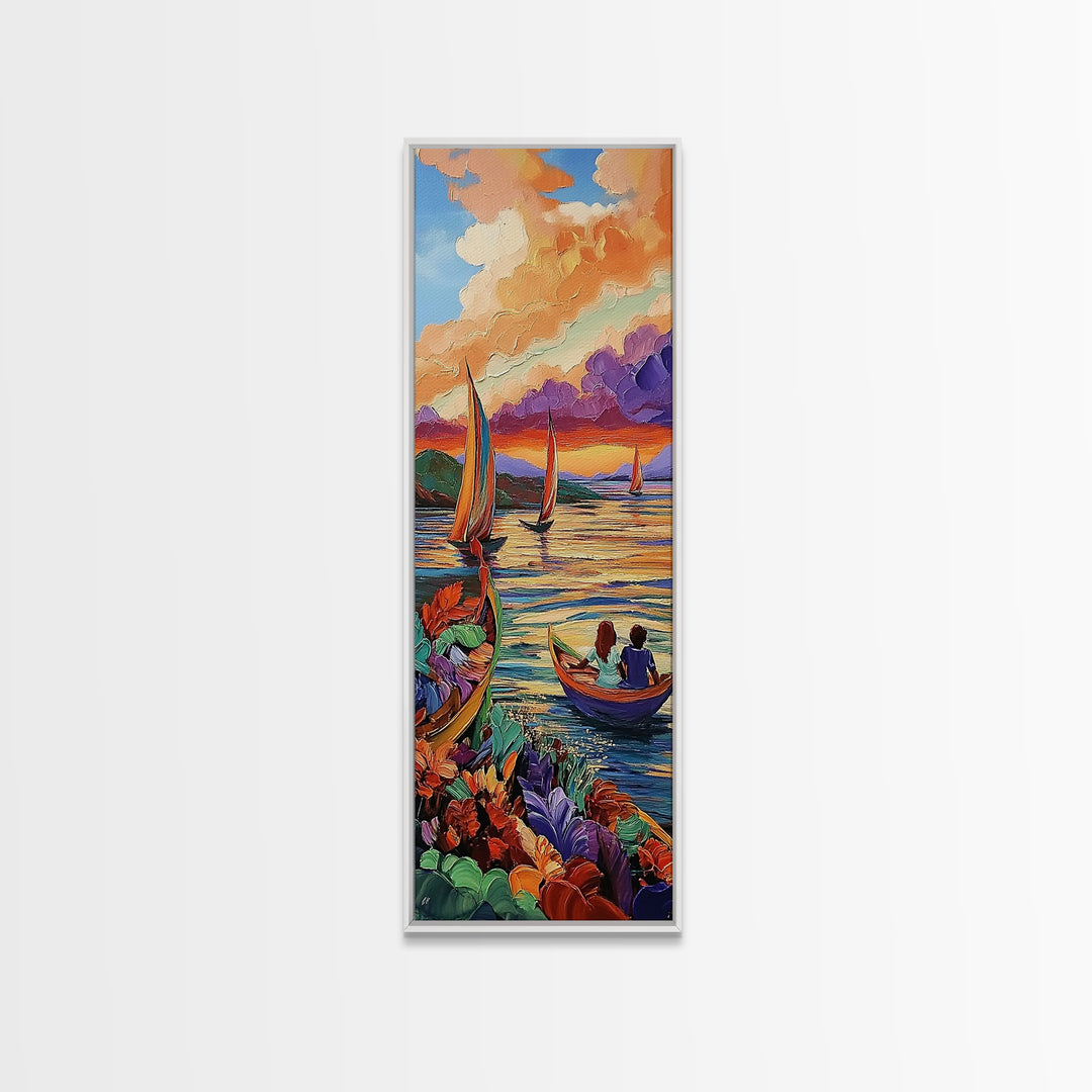 Boats Sunset, Romance Adventure, Canvas Print vibrant sailboats at sunset painting, romantic couple art, nautical wall decor, boho accent
