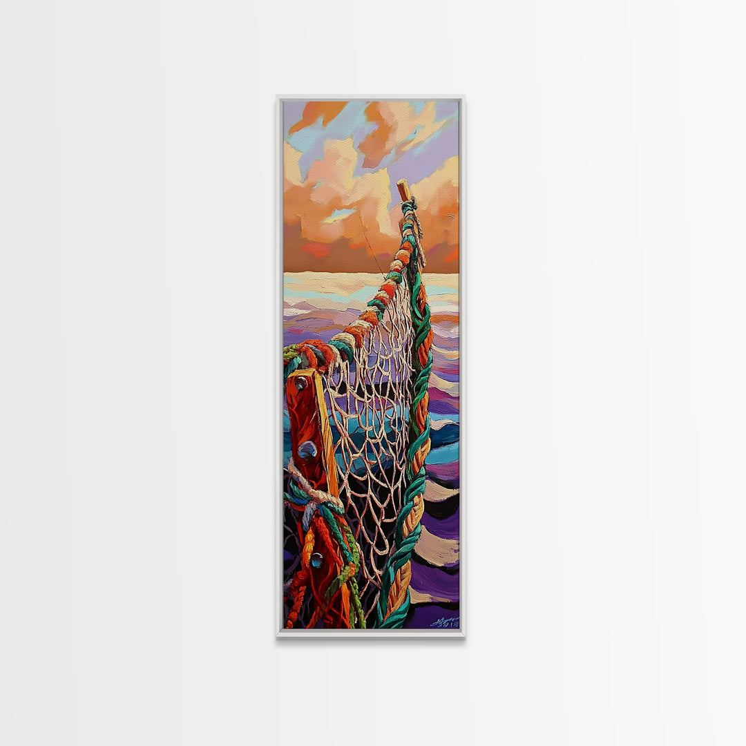 Net Ocean, Sunset Nautical – Canvas Print rustic fisherman’s net painting, nautical themed wall art, beach decor, living room statement art