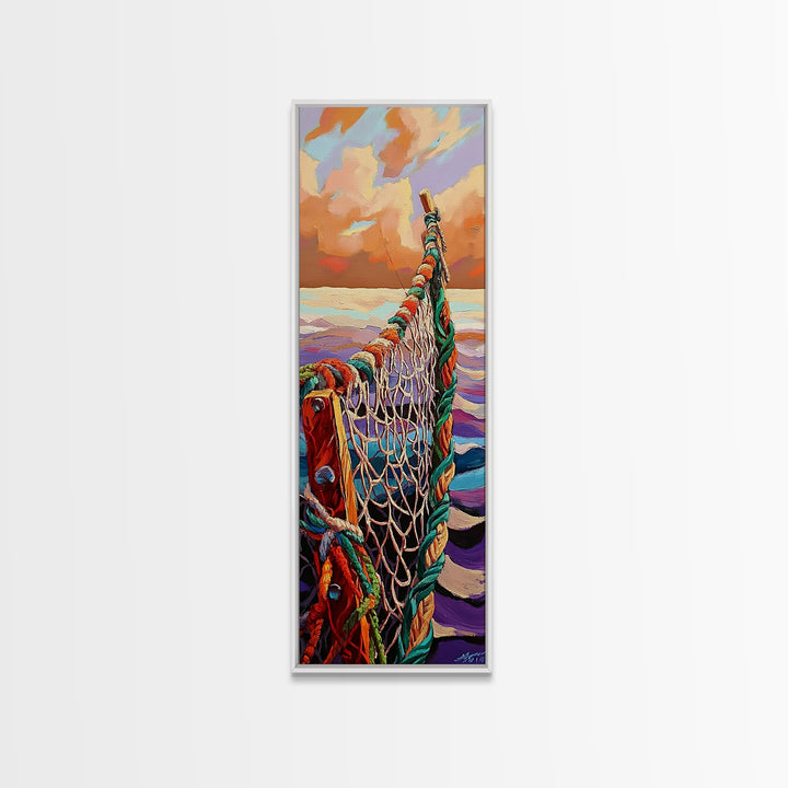Net Ocean, Sunset Nautical – Canvas Print rustic fisherman’s net painting, nautical themed wall art, beach decor, living room statement art