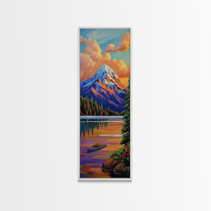 Mountain, Sunrise, Reflection, Nature Scene Framed Canvas Print, Rustic Cabin Decor, Autumn Wall Art, Living Room Mountain Landscape Painting