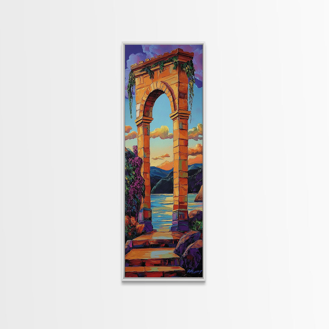 Archway, Sunset, Stone Portal, Dreamscape Framed Canvas Print, Mediterranean Wall Art, Spiritual Decor, Eclectic Entryway Accent, Sunset Painting
