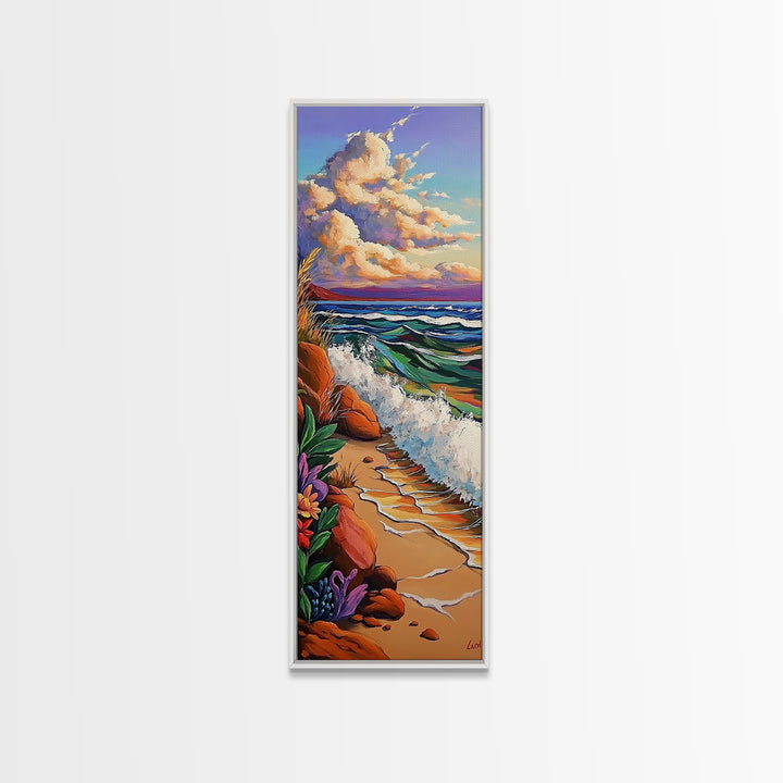 Coastal Flowers, Waves Sunset, Framed Canvas Print, Beach Art, Seaside Wall Decor, Tropical Artwork, Living Room Coastal Decor, Ocean Art