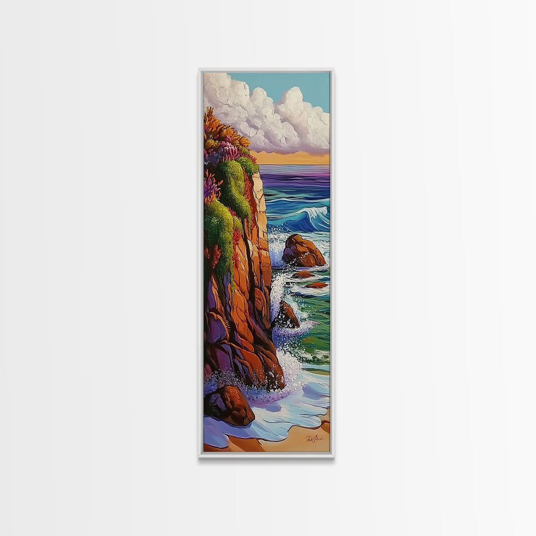 Cliff, Ocean, Waves, Nature, Framed Canvas Print of dramatic coastal waves, serene beach art, bathroom wall decor, ocean lover gift