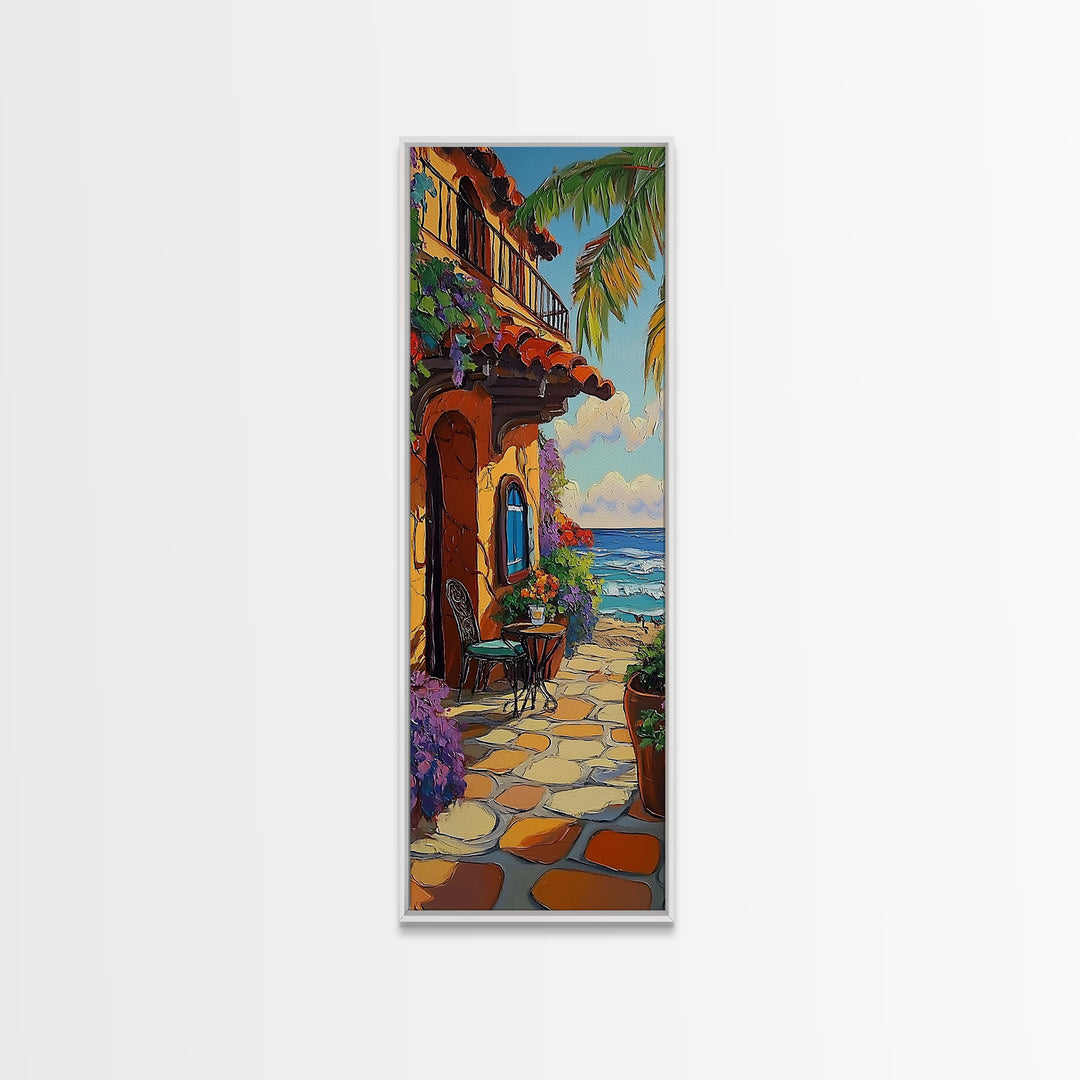 Patio, Ocean, Palm Trees, Tropical Coastal Balcony Framed Canvas Print, Boho Beach House Art, Outdoor Dining Wall Decor, Summer Vibes