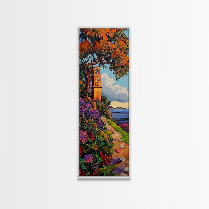 Coastal Bell Tower, Floral Pathway, Mediterranean Seaside Art, Vibrant Garden Style, Fall Home Accent, Framed Canvas Print