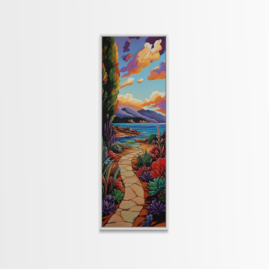 Coastal Trail, Ocean Cliffs, Vibrant Shoreline Art, Tropical Nature Decor, Scenic Summer Landscape, Framed Canvas Print