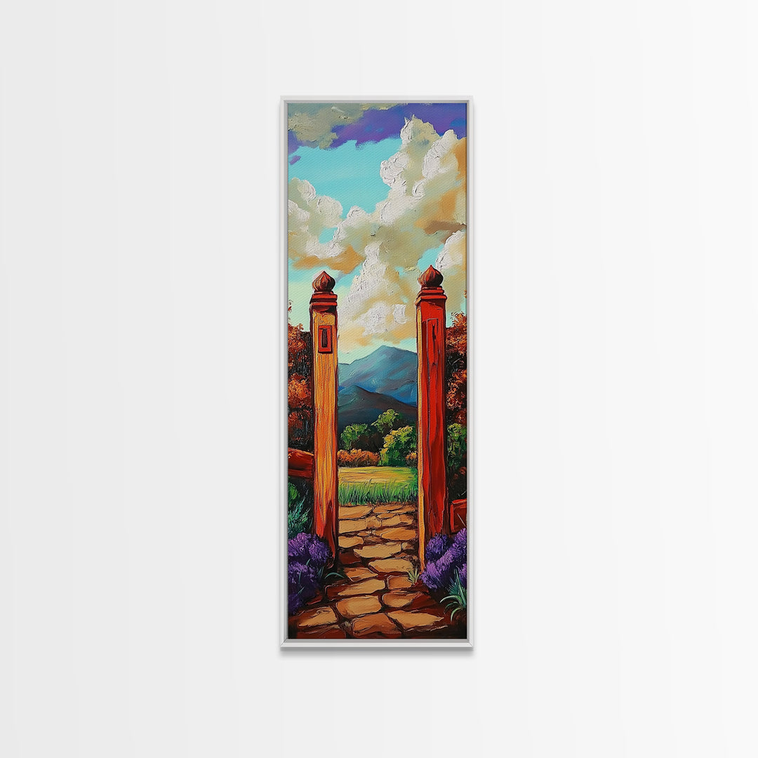 Country Gate, Meadow, Rustic Garden Landscape Framed Canvas Print, Farmhouse Wall Art, Autumn Entryway Decor, Peaceful Nature Scene