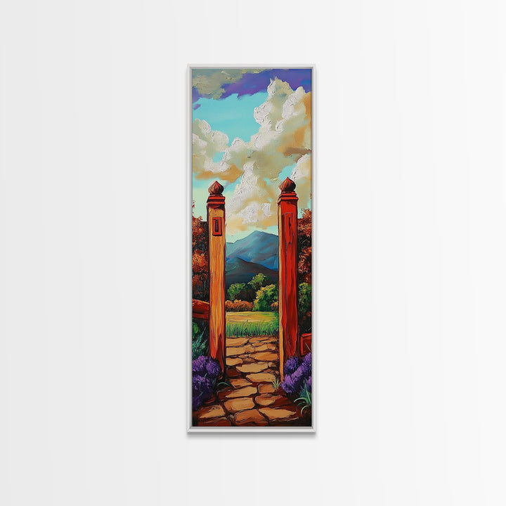 Country Gate, Meadow, Rustic Garden Landscape Framed Canvas Print, Farmhouse Wall Art, Autumn Entryway Decor, Peaceful Nature Scene