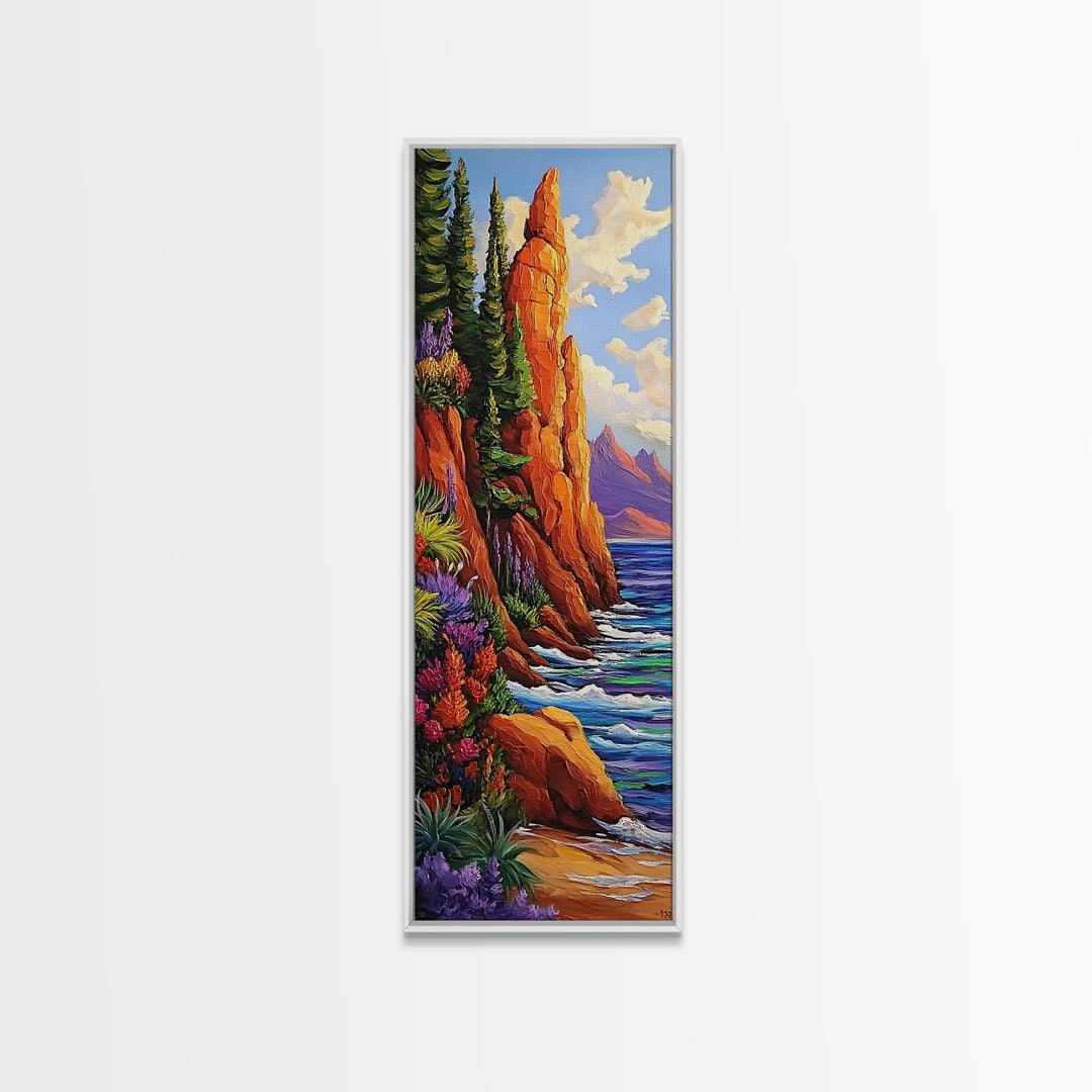 Rocky Shore, Wildflowers, Nature Trail, Framed Canvas Print, autumn coastal wall art, mountain and sea landscape, rustic home decor