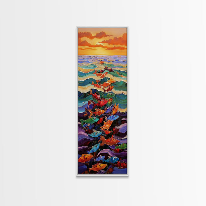 Ocean Journey, Colorful Fish, Sunrise Waves, Framed Canvas Print, vibrant coastal fish painting, kids room or nautical beach house art