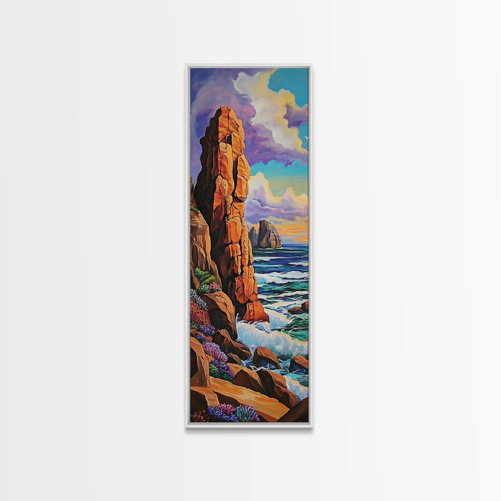 Coastal Cliffs, Ocean, Sunset, Framed Canvas Print, Bold coastal cliffs wall art, dramatic seascape beach decor, contemporary ocean painting