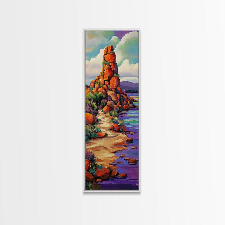 Desert Trail, Rocks, Nature, Framed Canvas Print, Desert path painting, wild rocky trail artwork, hallway decor, southwestern rustic style