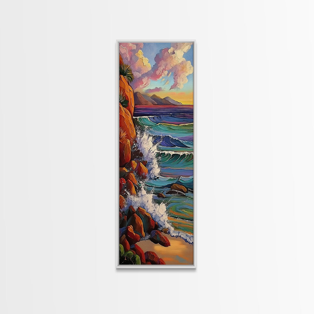 Ocean Cliffs, Sunset, Trees, Framed Canvas Print, Ocean cliffs wall art, glowing sunset scene, romantic coastal decor, entryway accent