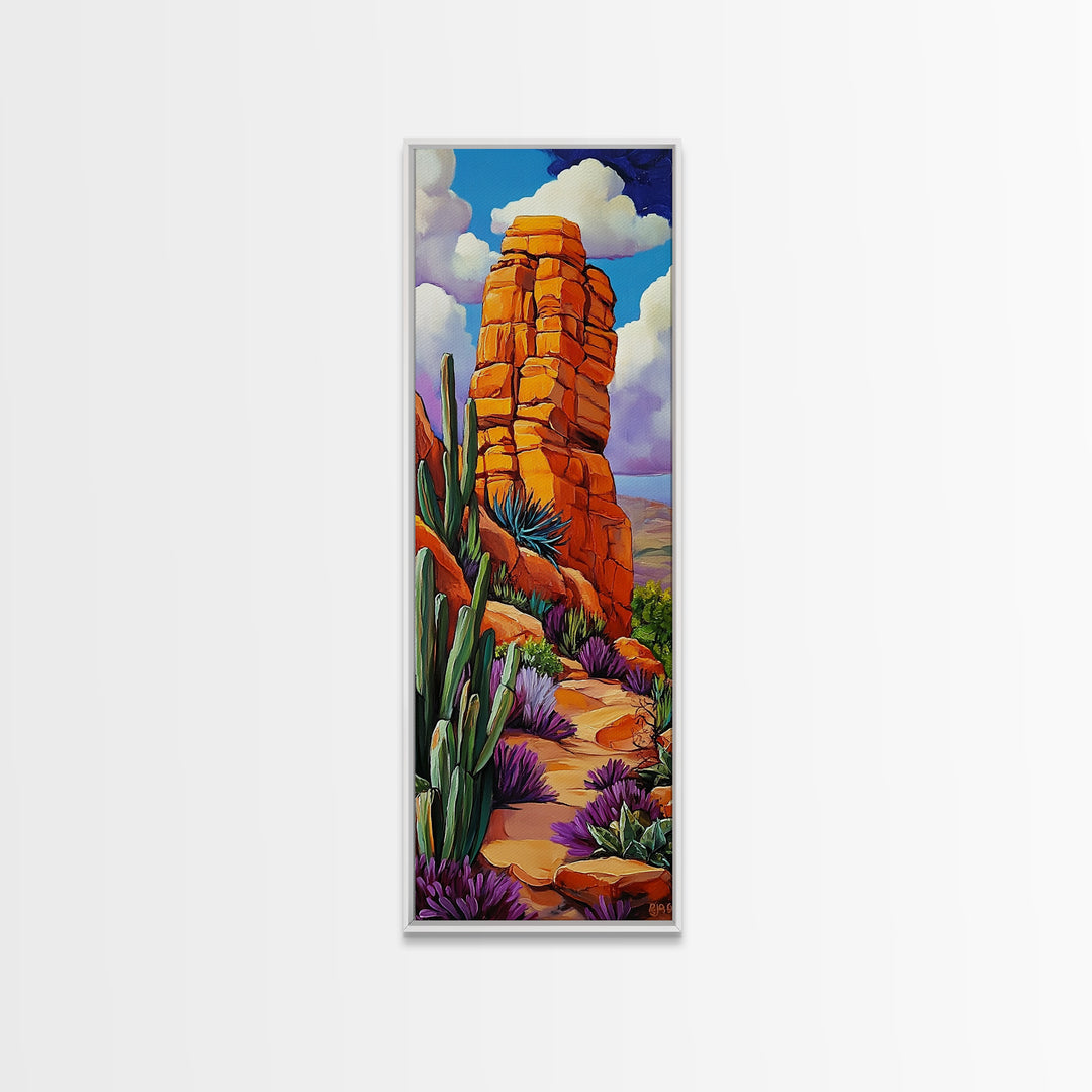 Desert Rock, Cactus, Trail – Canvas Print desert landscape art, boho western decor, rustic cactus painting, hallway wall decor, earthy tones