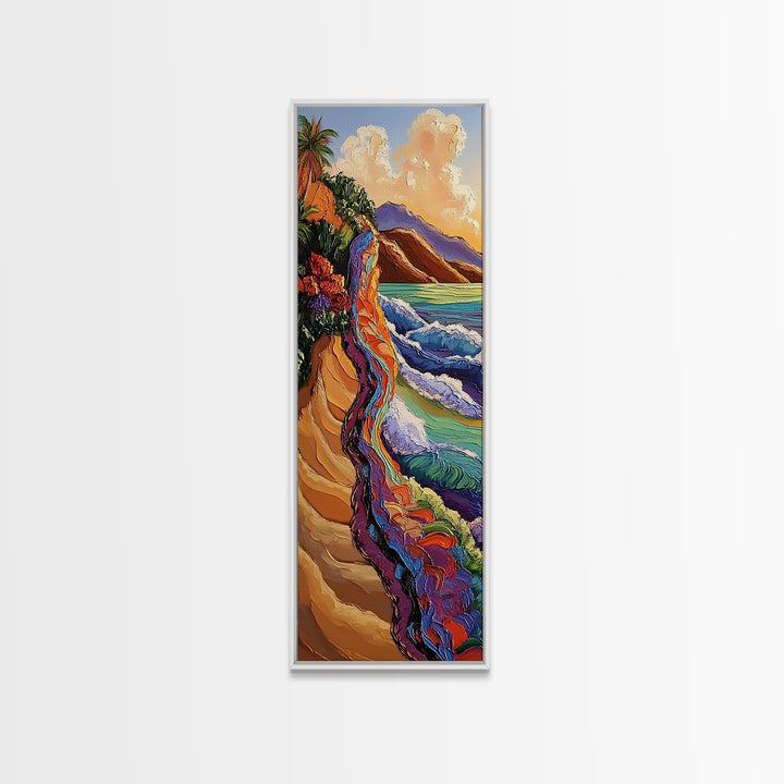 Cliffside Ocean, Rainbow, Waves – Canvas Print bold beach artwork, coastal living room art, tropical ocean scene, textured vibrant painting