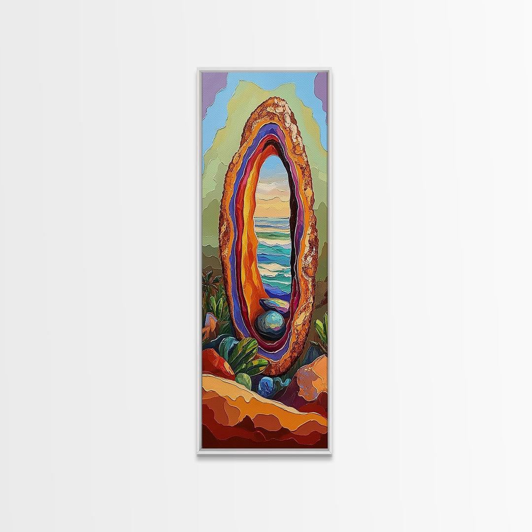 Ocean Portal, Geode Shell, Dreamy, Surreal Beach Art, Framed Canvas Print, Boho Bedroom Decor, Psychedelic Coastal Wall Art