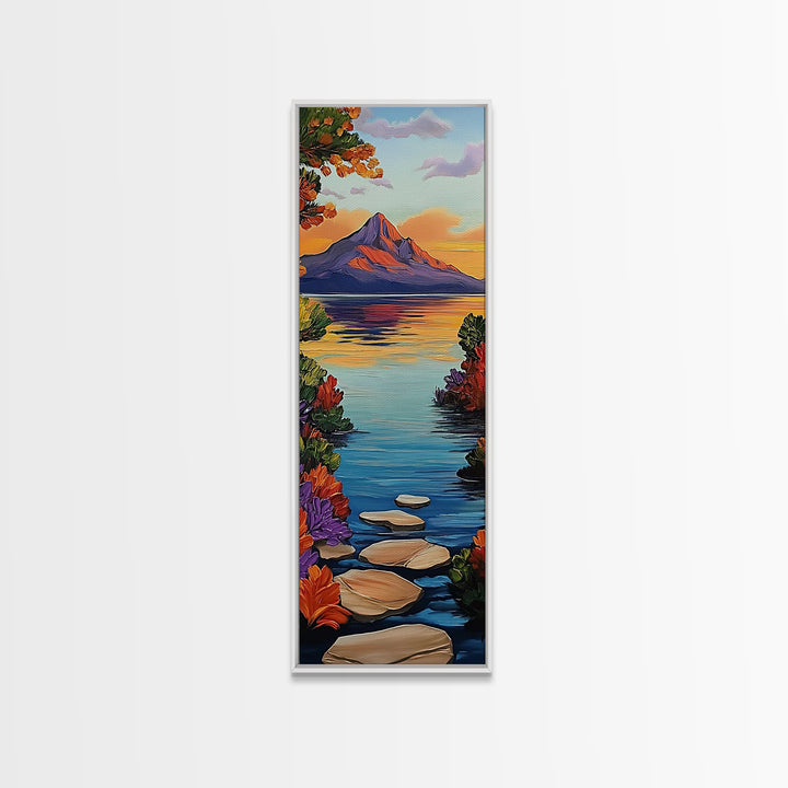 Pathway Lake, Mountains, Framed Canvas Print, Tranquil mountain lake trail painting with floral path, cabin wall art, rustic living room decor