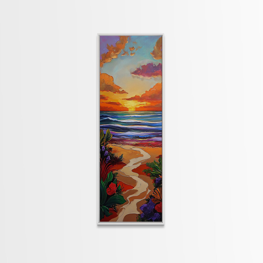 Path Beach, Sunset, Tropical Canvas Print scenic path to ocean wall decor, vibrant beach sunset artwork, tropical boho art, entryway art