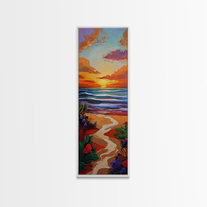 Path Beach, Sunset, Tropical Canvas Print scenic path to ocean wall decor, vibrant beach sunset artwork, tropical boho art, entryway art