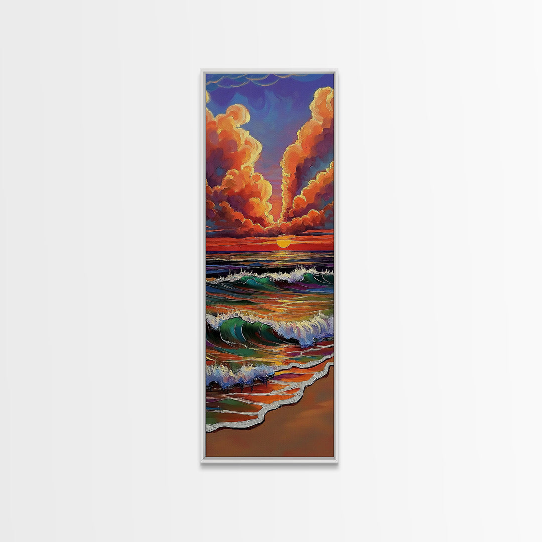 Ocean Sunset, Glow, Waves Framed Canvas Print glowing beach sunset wall art, vivid wave painting, warm coastal decor, boho beach house art