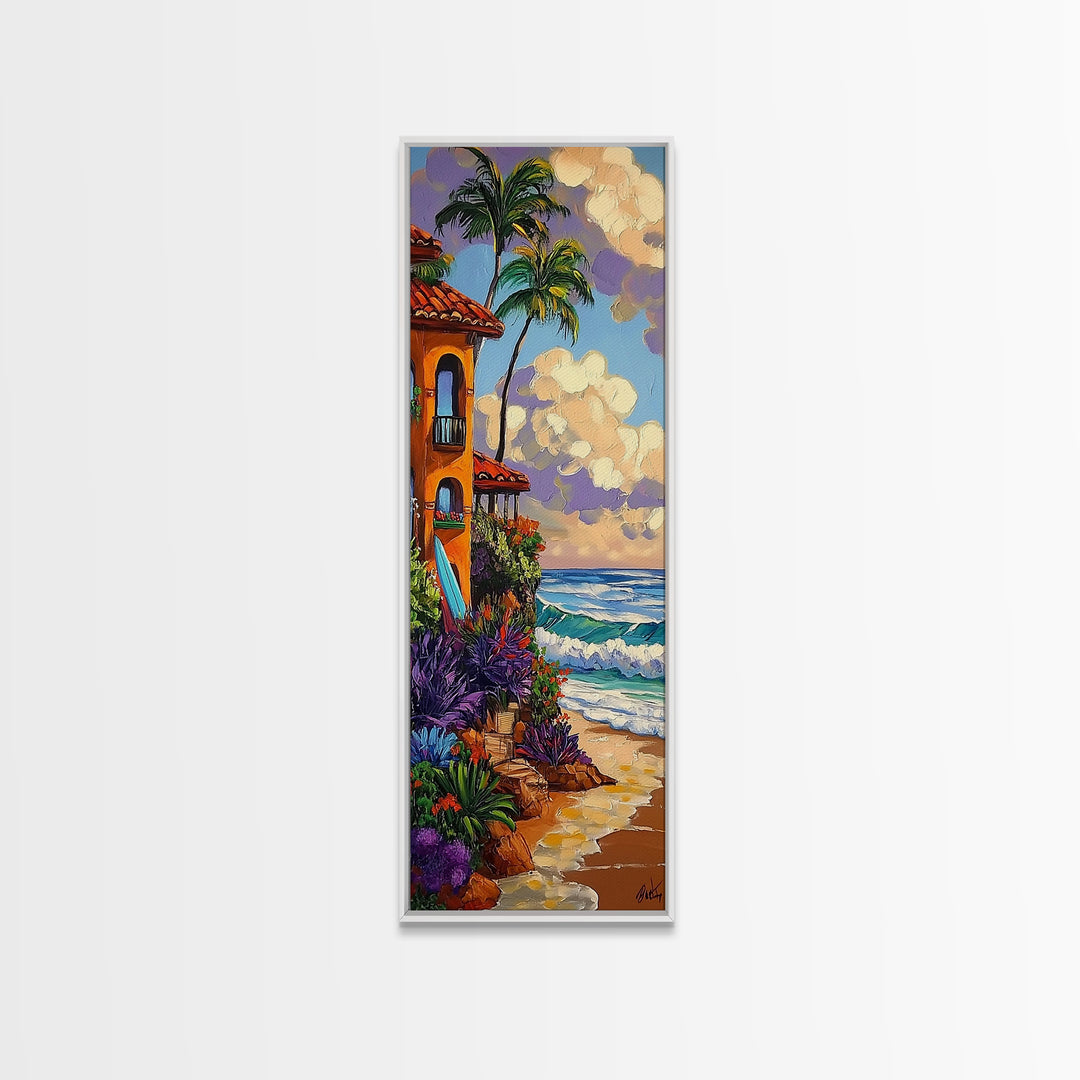 Coastal Villa, Surf, Tropics Canvas Print Mediterranean villa by the sea art, surfboard and tropical plants, boho beach decor, hallway print
