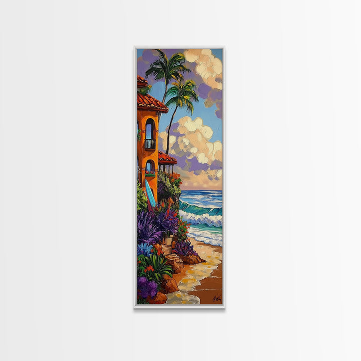 Coastal Villa, Surf, Tropics Canvas Print Mediterranean villa by the sea art, surfboard and tropical plants, boho beach decor, hallway print