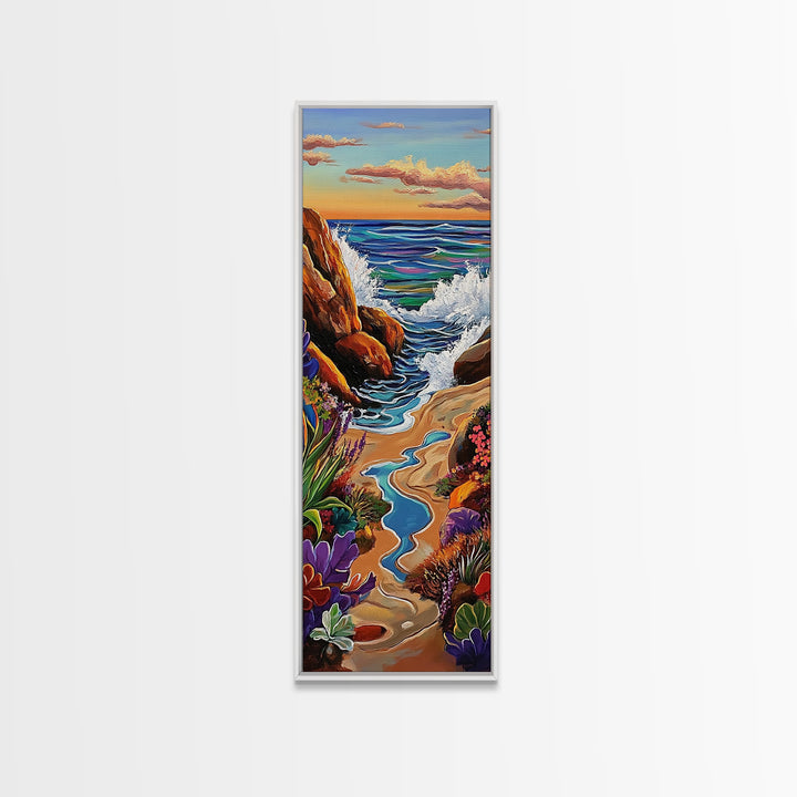Beach Path, Rocks, Canvas Print, Coastal Wall Art, Nature Inspired Hallway Decor, Vibrant Ocean Scene, Boho Beach Aesthetic