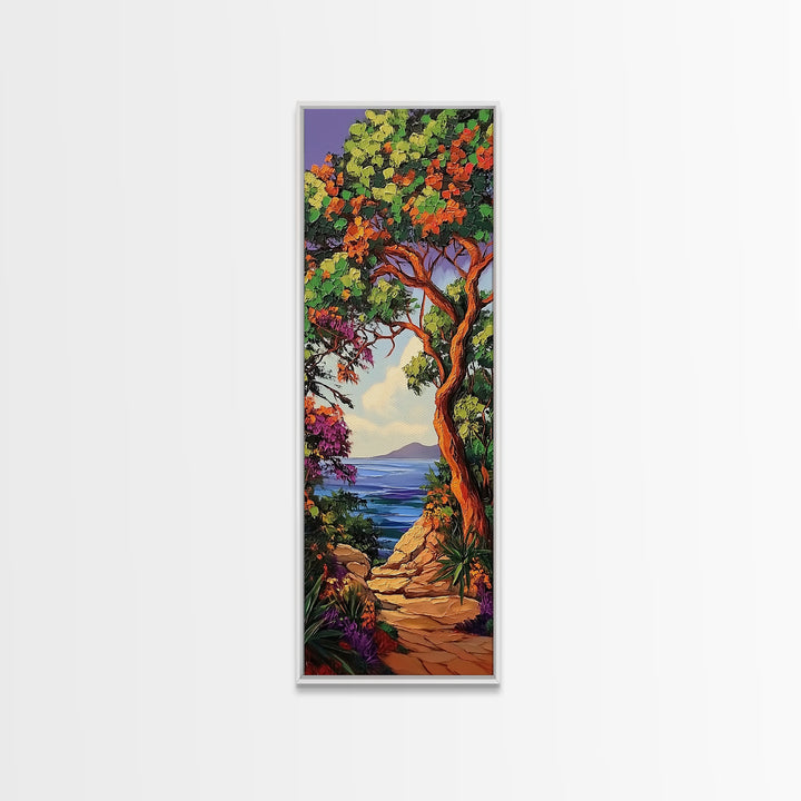 Coastal Trail,Trees,Escape — Framed Canvas Print, tropical coastal decor, beachside nature wall art, entryway or hallway boho painting