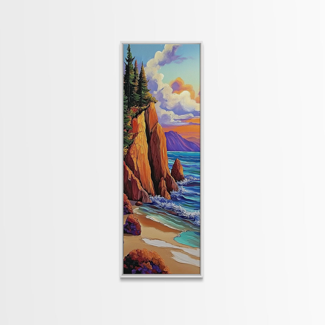 Rocky Coast, Ocean Cliffs, Sunset Mountain Seascape, Framed Canvas Print, Nature Landscape Wall Art, Fall Living Room Wilderness Decor
