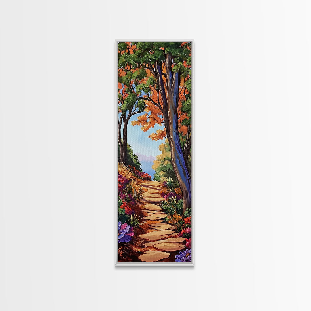 Autumn Pathway, Forest, Nature — Framed Canvas Print of scenic forest path with fall trees, cozy rustic living room wall decor, woodland art