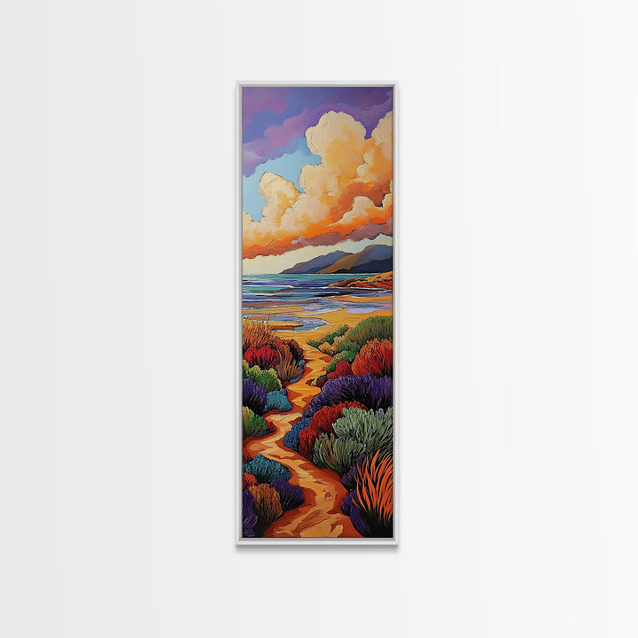 Beach Trail, Colorful Dunes, Seaside Nature, Framed Canvas Print, vibrant coastal landscape painting, tropical home wall art, bedroom art