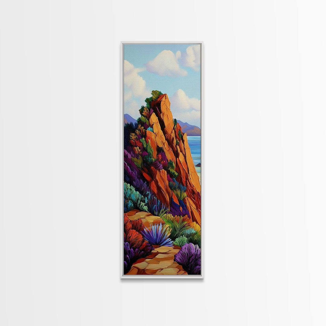 Cliff Trail, Seaside, Vista, Framed Canvas Print, nature hiking trail painting, boho wall decor, mountain sea view artwork, living room print