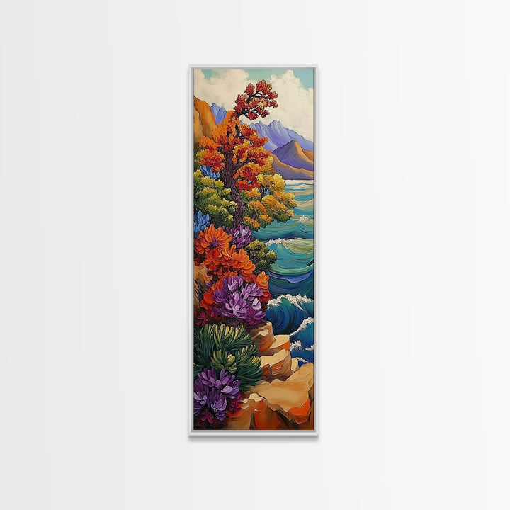 Autumn Cliff, Blossoms Ocean, Framed Canvas Print, fall coastal landscape art, mountainside floral decor, nature living room wall print