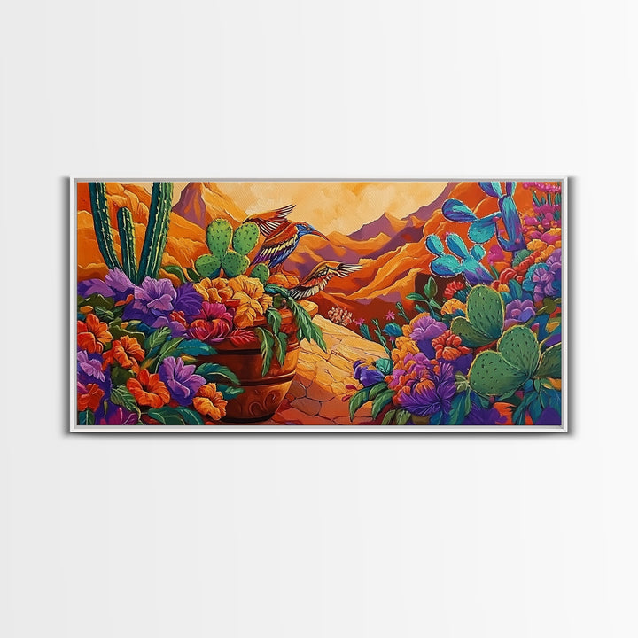Birds Cactus, Blossoms, Bright Nature Framed Canvas Print, Desert Floral Wall Decor, Southwest Living Room Boho Wall Art