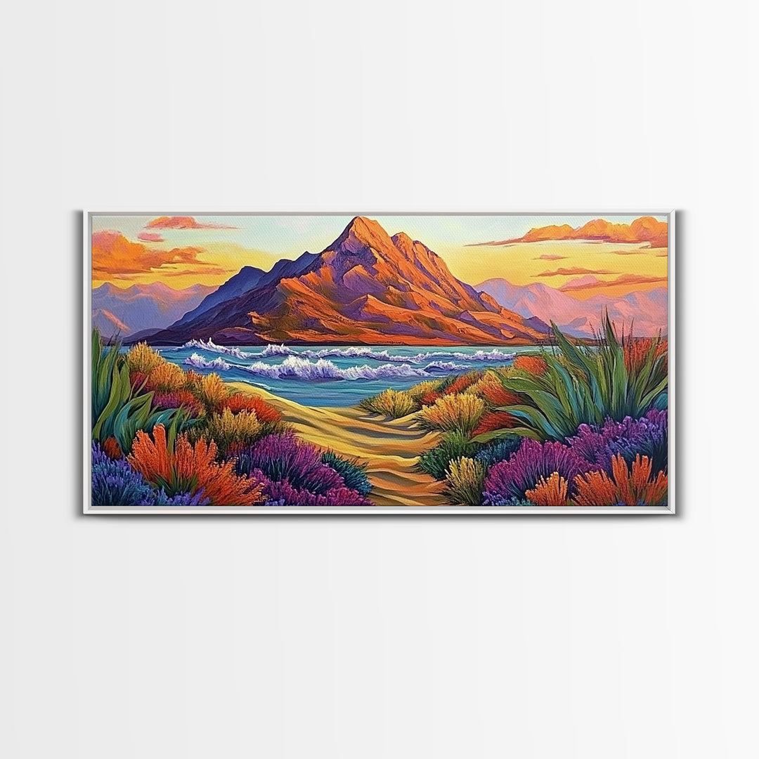 Mountains Waves, Path, Sunset Landscape Canvas Print, Colorful Nature Wall Art, Southwest Bedroom Decor, Autumn Art Style