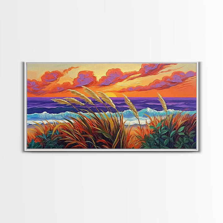 Ocean Sunset, Dunes, Seagrass, Canvas Print beach landscape wall decor, coastal art, vibrant sunset painting, tropical boho home decor