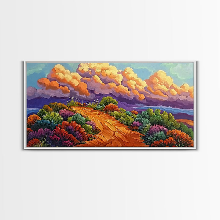 Autumn Trail, Clouds, Flowers, Canvas Print, fall mountain trail painting, landscape wall art, rustic cabin decor, hallway artwork