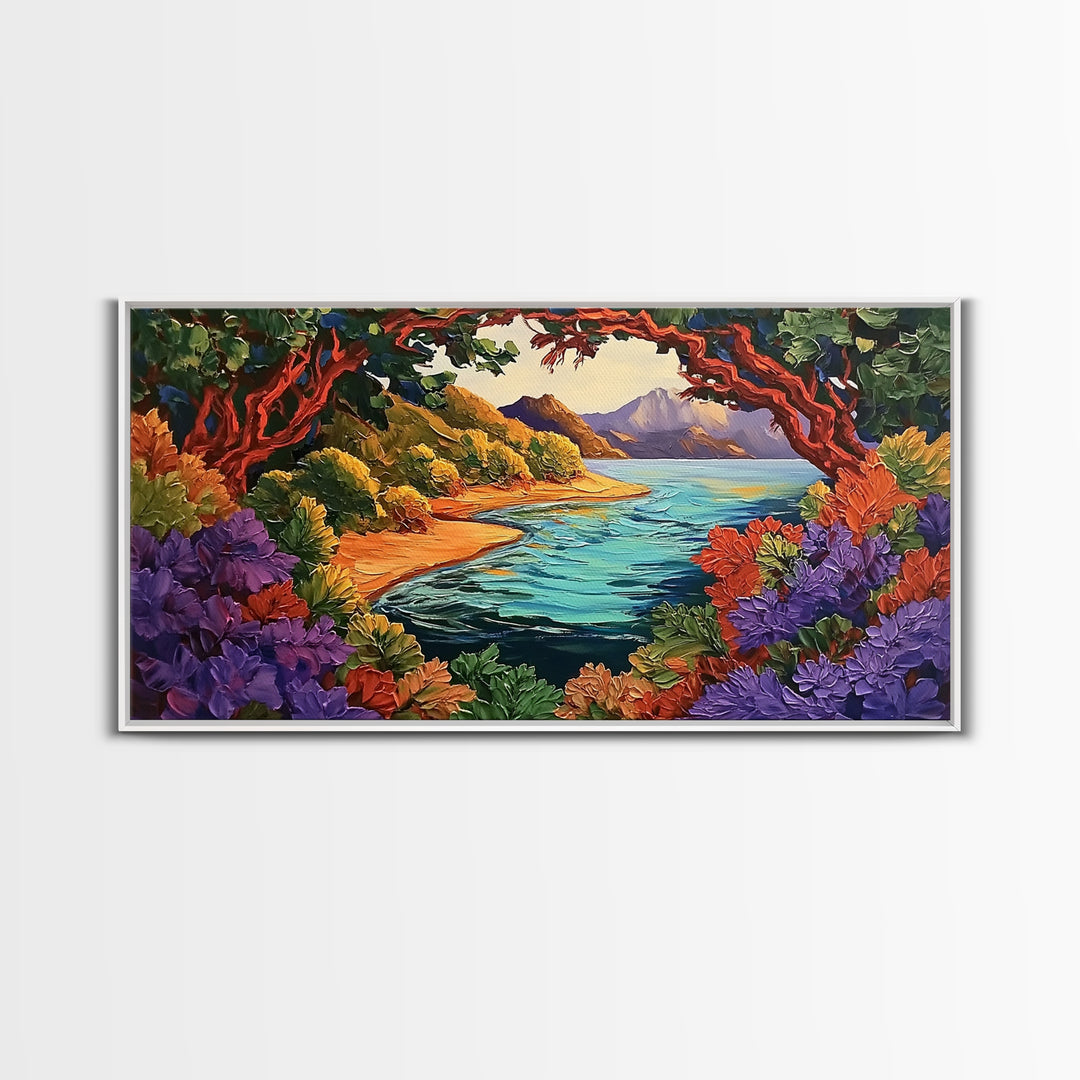 Colorful Coastal, Framed, Bright tropical coastal landscape view with water and foliage, Framed Canvas Print, living room wall art