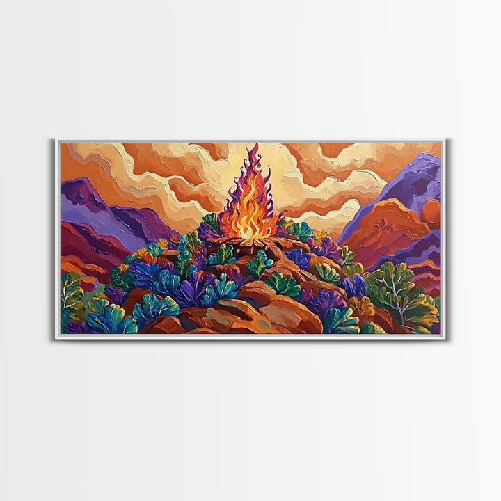 Campfire, Mountains, Glow, Vibrant campfire scene with colorful mountains and plants, Framed Canvas Print, rustic cabin wall art