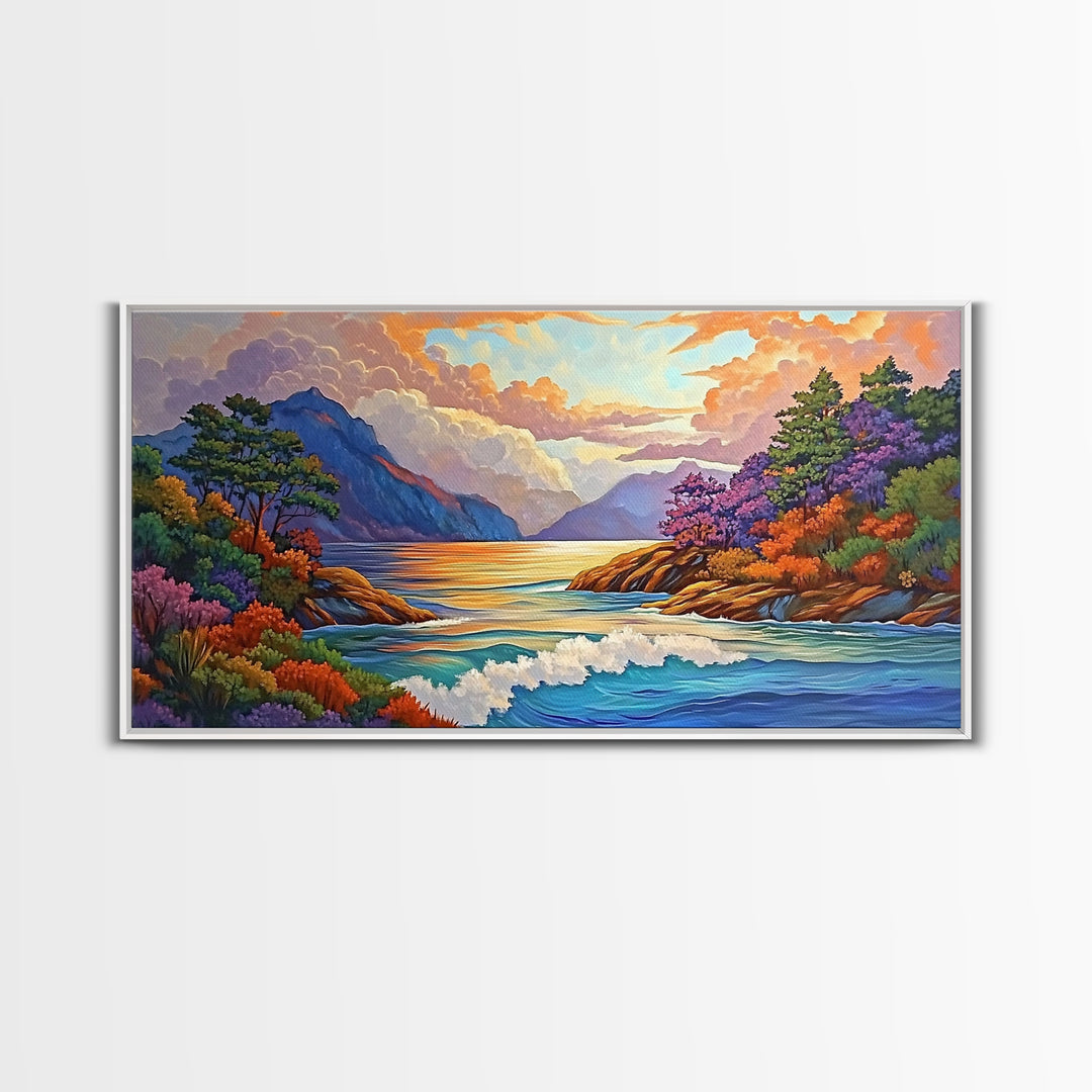 Ocean Sunset View, Vibrant Coastline, Mountain Landscape, Canvas Print, Living Room Wall Art, Colorful Seascape, Nature Painting