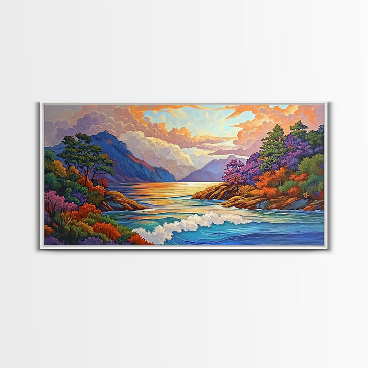 Ocean Sunset View, Vibrant Coastline, Mountain Landscape, Canvas Print, Living Room Wall Art, Colorful Seascape, Nature Painting