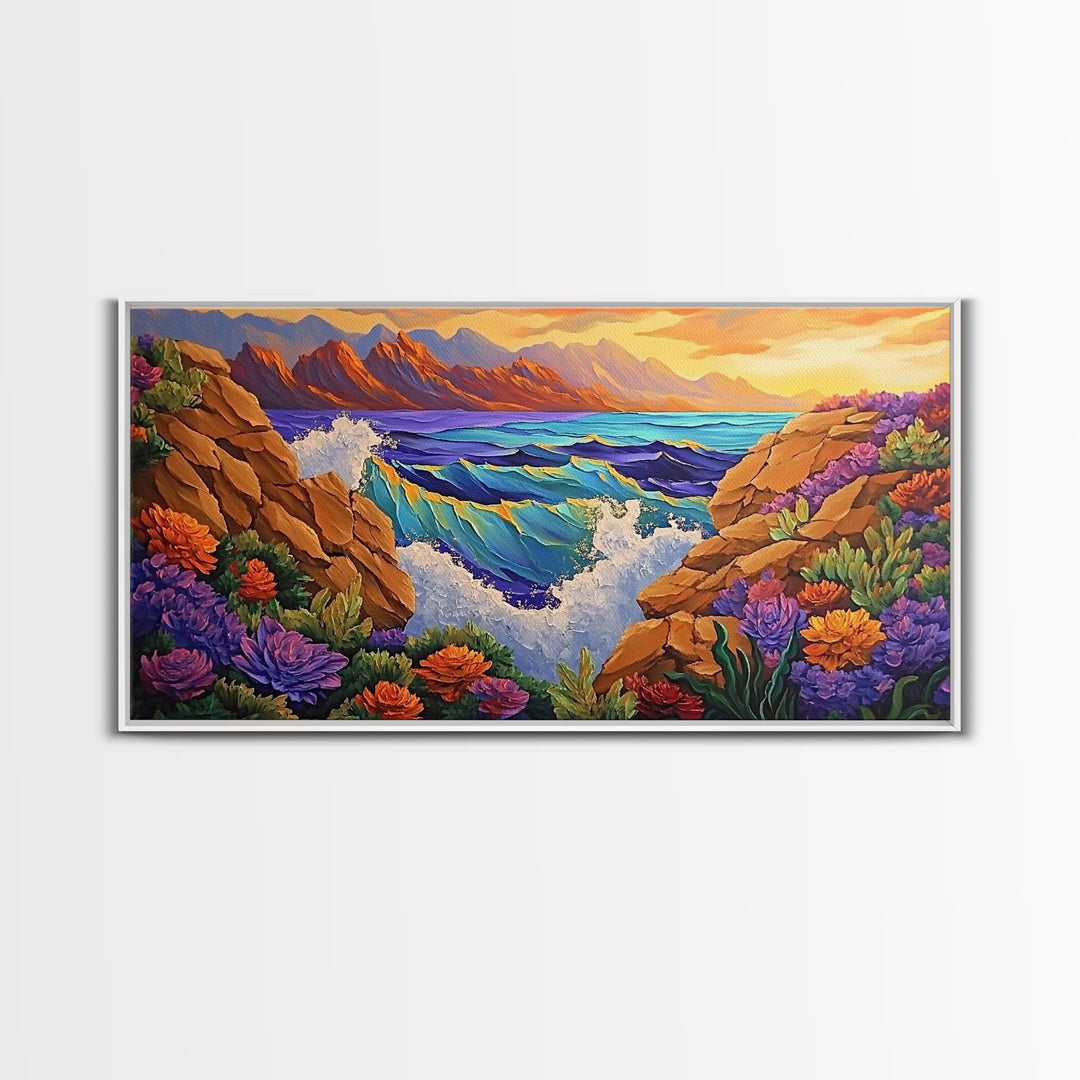 Ocean Cliff View, Crashing Waves Sunset, Bold Coastal Art, Framed Canvas Print, Nature Inspired Decor, Vibrant Seascape Painting