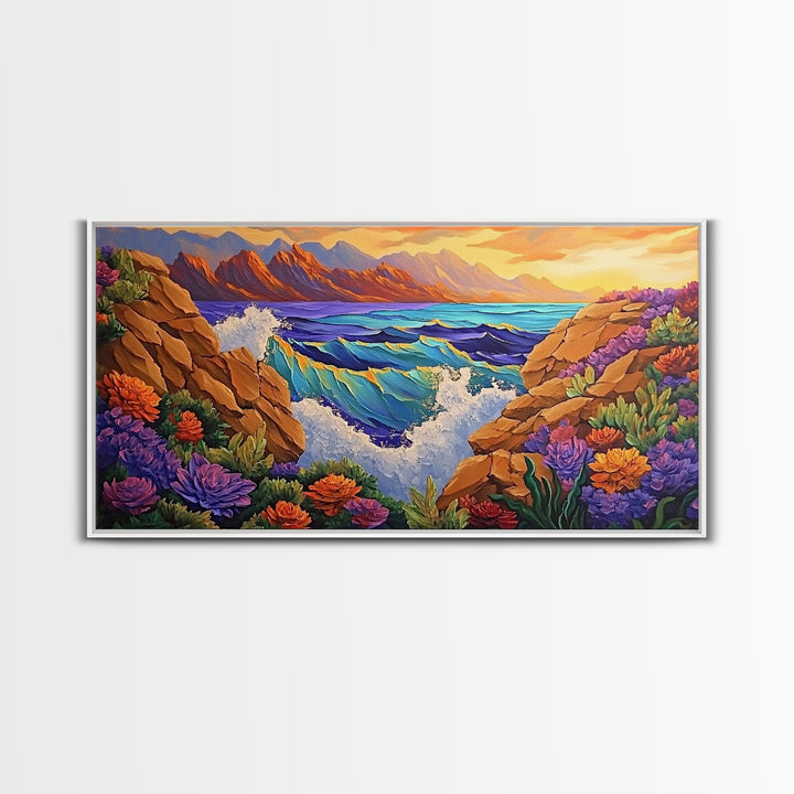 Ocean Cliff View, Crashing Waves Sunset, Bold Coastal Art, Framed Canvas Print, Nature Inspired Decor, Vibrant Seascape Painting