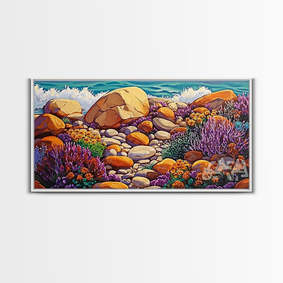 Coastal Garden, Rocks, Framed Canvas Print, Seaside nature landscape wall decor, Kitchen Wall Art, coastal art, vibrant summer vibe