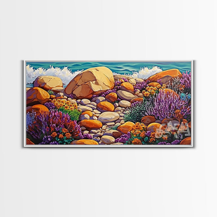 Coastal Garden, Rocks, Framed Canvas Print, Seaside nature landscape wall decor, Kitchen Wall Art, coastal art, vibrant summer vibe