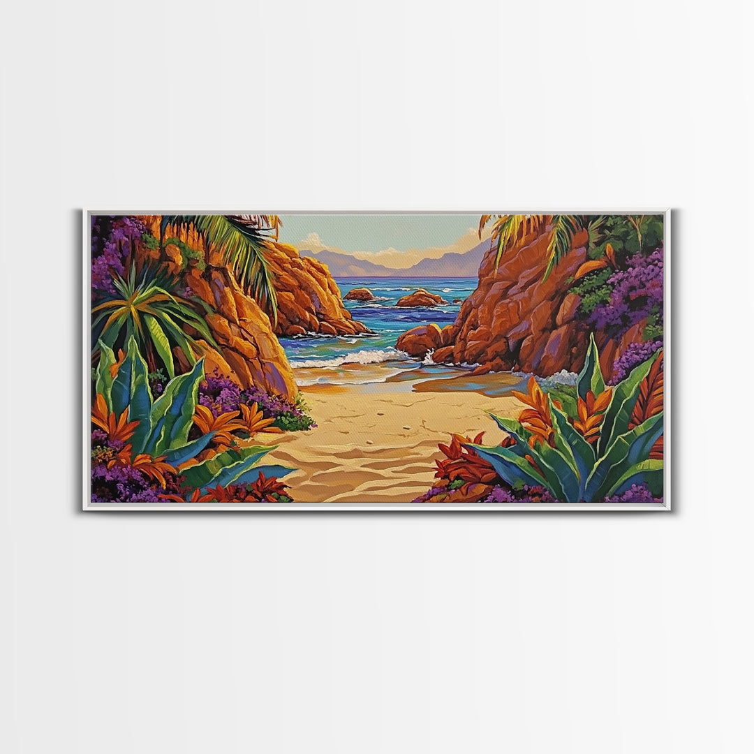 Cove Palms, Beach, Framed Canvas Print, Secluded tropical beach scene, Bedroom Wall Art, boho paradise vibes, coastal summer escape