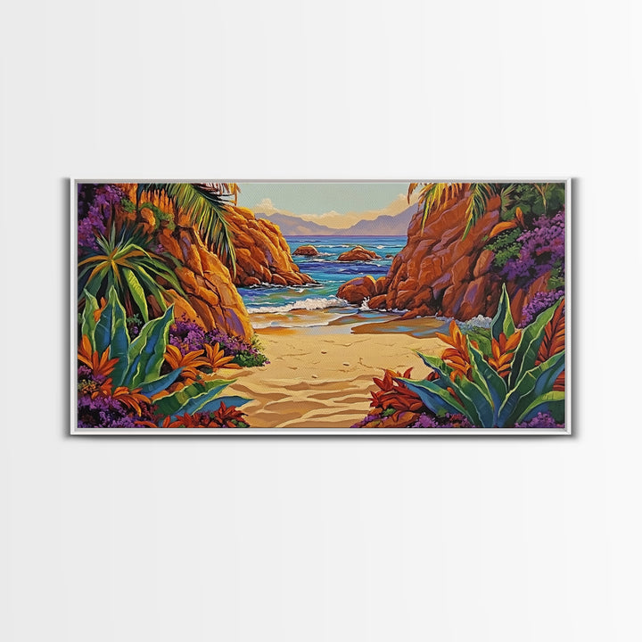 Cove Palms, Beach, Framed Canvas Print, Secluded tropical beach scene, Bedroom Wall Art, boho paradise vibes, coastal summer escape