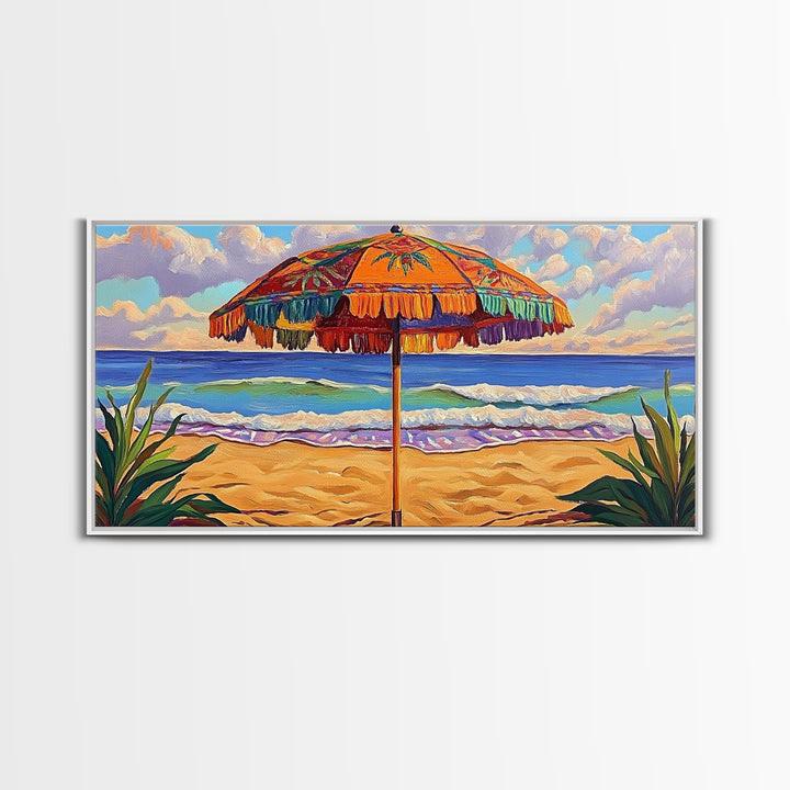 Umbrella Beach, Ocean, Framed Canvas Print, Colorful Beach Umbrella Painting, Retro Coastal Wall Decor, Summer Kitchen Art