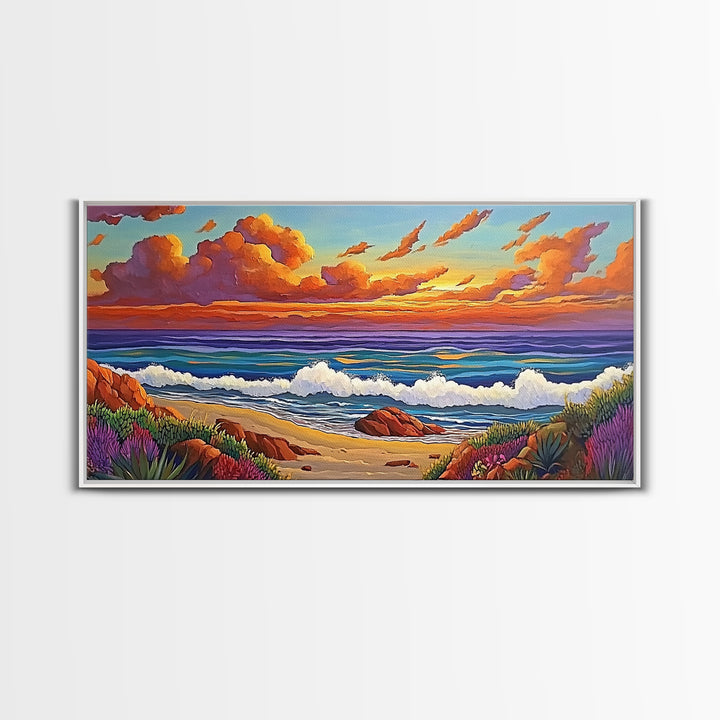 Beach Sunset, Waves, Pastel, Canvas Print, Seaside Landscape Art, Coastal Home Wall Decor, Serene Living Room Accent